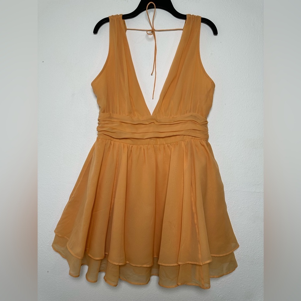 Abercrombie & Fitch Orange V-Neck Mini Fit and Flare Open Back Dress in Size L - Picture 3 of 15